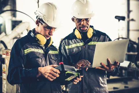 Group of factory job workers using adept machine equipment in a workshop Stock Photos