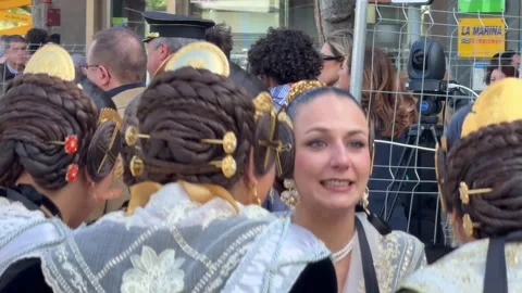 Group of Falleras dancing in traditional clothing at Fallas festival in Valencia 스톡 동영상 334091659