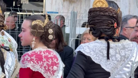 Group of Falleras in traditional clothing at Fallas festival in Valencia 스톡 동영상 334091710