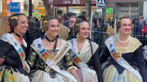 Group of Falleras in traditional clothing at Fallas festival in Valencia 스톡 동영상 334092429