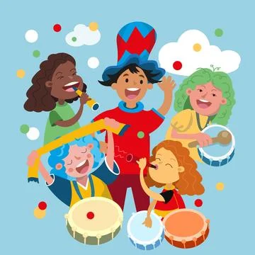 Group of fans of different nationalities with objects and musical instruments Illustrazione stock