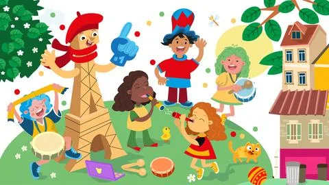 Group of fans of different nationalities with objects and musical instruments in Stock Illustration