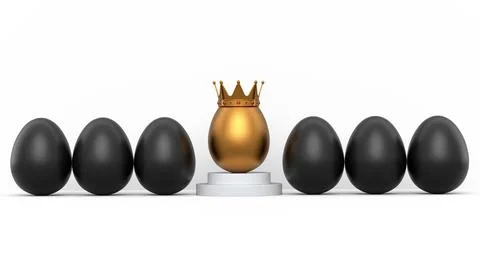 Group of farm black chicken eggs and unique egg with funny face and gold crow Ilustração Stock