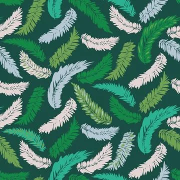 Group of feathers seamless vector pattern in green Stock Illustration