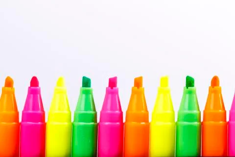 Group of felt tip bright color markers on white background Stock Photos