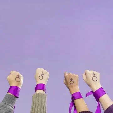 Group female activists protesting together Stock Photos