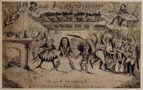 A group of figures, including Punch, enacting the finale of the first act f.. Ilustração Stock
