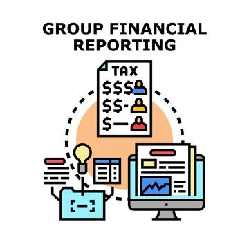 Group financial reporting process analyzing company data Stock Illustration