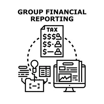 Group financial reporting process analyzing company data Stock Illustration