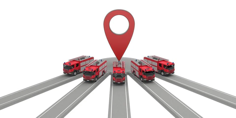 Group of fire engine at one map point Stock Illustration