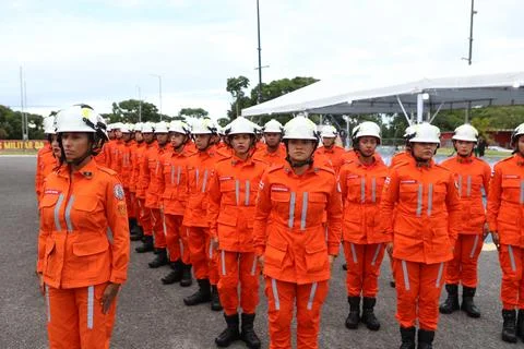 Group of firefighters at barracks Stock Photos