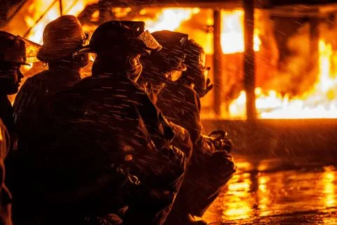 Group of firefighters observing fire Stock Photos