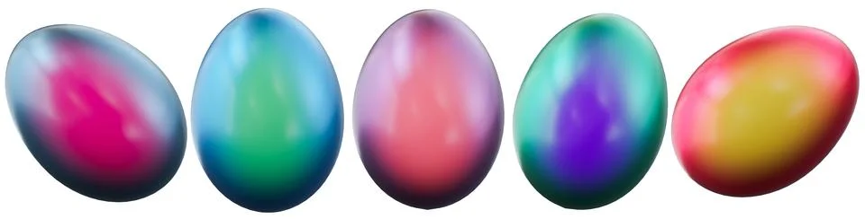 Group of five Easter eggs in various colors arranged in a line. Each egg show Stock Photos