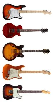 Group of five electric guitars on white background Stock Photos