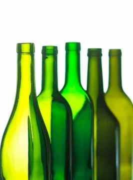 GROUP OF FIVE EMPTY WINE BOTTLES Stock Photos