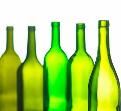 GROUP OF FIVE EMPTY WINE BOTTLES Stock Photos