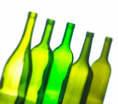 GROUP OF FIVE EMPTY WINE BOTTLES Stock Photos