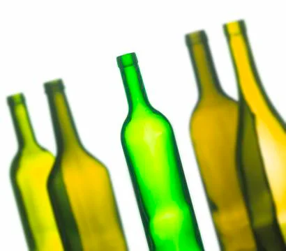 GROUP OF FIVE EMPTY WINE BOTTLES Stock Photos