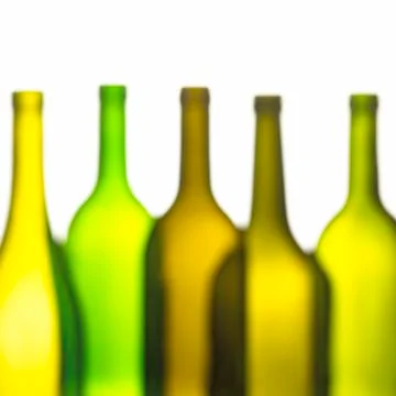 GROUP OF FIVE EMPTY WINE BOTTLES Stock Photos