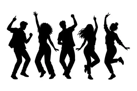 Group of five friends dancing and celebrating vector silhouette graphic Stock Illustration