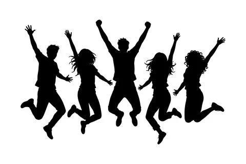Group of five happy friends jumping in the air vector silhouette art Illustrazione stock