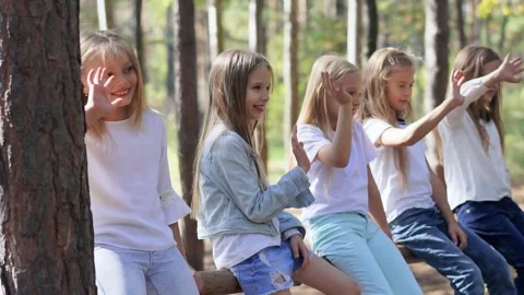 A group of five kids are resting in a summer park. Stock Footage 154703255