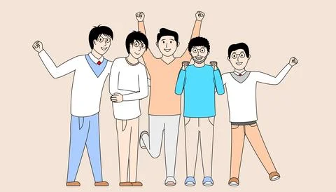 A group of five men are standing together, with one of them holding his arm o Stock Illustration