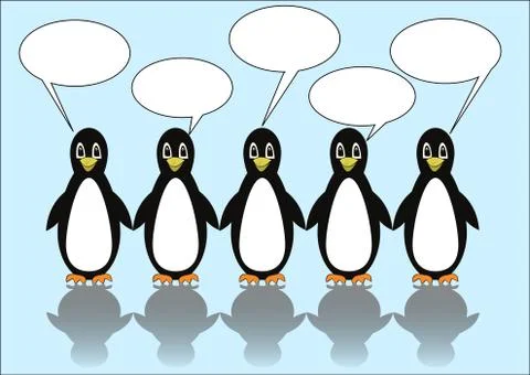 Group of five penguins with speech bubbles. Blank callouts for own message. Cute Stock Illustration