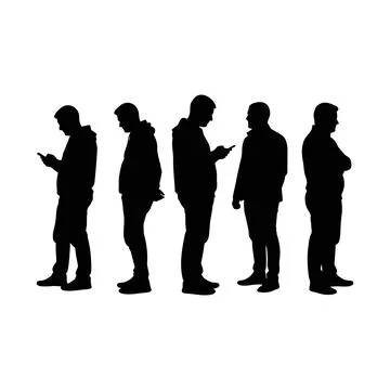 Group of five people silhouettes using smartphones standing in line togethe.. Stock Illustration