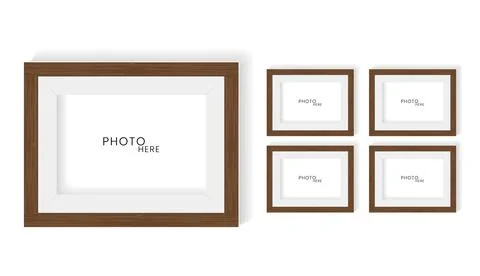 Group of five realistic photo frame mock up on white wall design, photo fra.. Stock Illustration
