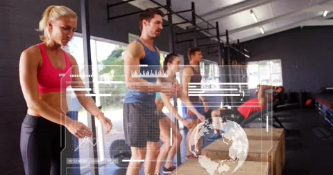 Group of five squatting then exploding into box jumps, bench pressing updating Stock Footage 317773316