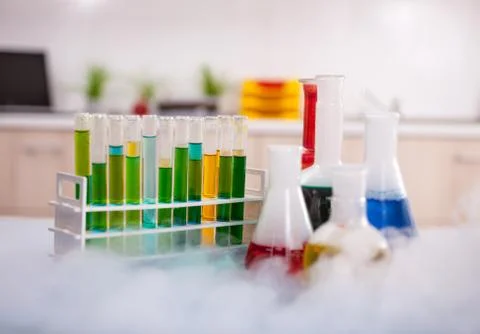 Group of flask on a lab table Stock Photos