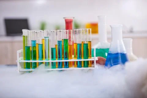 Group of flask on a lab table Stock Photos