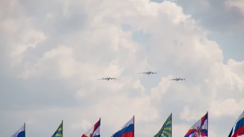 Group flight three Tu-95MS (NATO: Bear) - strategic bomber- missile carriers. Stock Footage 118959791