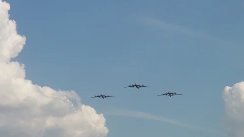 Group flight of three Tu-95MS (Bear) - strategic bomber- missile carriers. Stock Footage 120682307