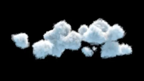 Group of fluffy clouds lit by bright sun isolated on black background. Blurry 3d Stock Illustration
