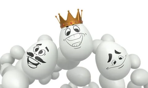 Group of flying farm white chicken eggs flying with funny face and crown on i 스톡 일러스트