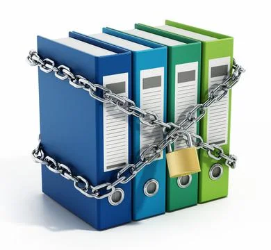 Group of folders wrapped with chains and padlock. 3D illustration Stock Illustration