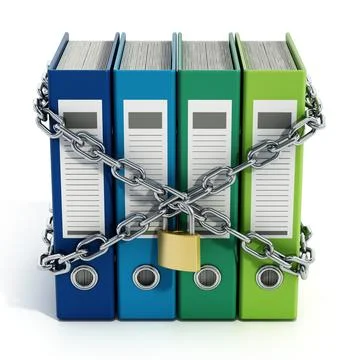 Group of folders wrapped with chains and padlock. 3D illustration Stock Illustration