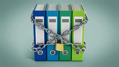 Group of folders wrapped with chains and padlock. 3D illustration Stock Illustration
