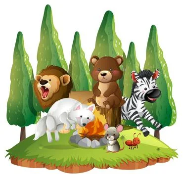 Group of Forest Animals Around Campfire in Woodland Clearing Stock Illustration