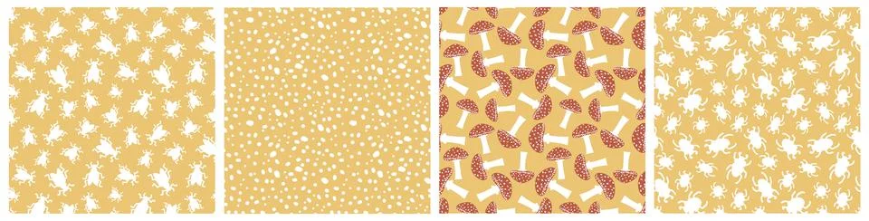 Group of four autumn seamless patterns. Vector bugs, insects, mushrooms and Stock Illustration