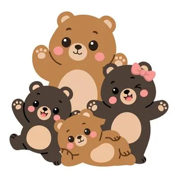 Group of four bears waving and smiling together Stock Illustration