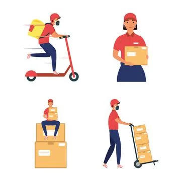 Group of four delivery workers team characters Stock Illustration