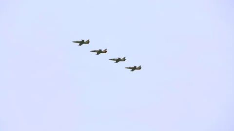 Group of four educational training aircrafts L39 flying in the sky Video stock 46835381