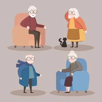 Group of four grandparents seated in sofas characters 库存插图