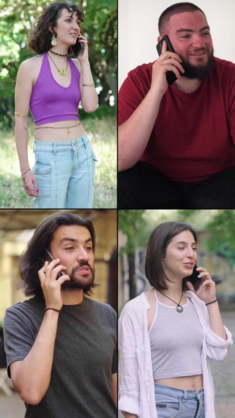 Group of four stylish friends talking on smartphones in split screen format Stock Footage 308016505