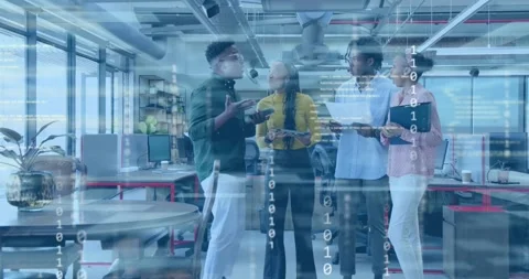 Group of four tapping smartphone and tablet as data streams guiding tech Stock Footage 317258447