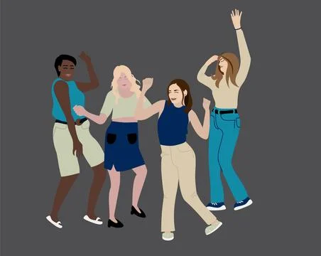 Group of four young happy dancing women dancers isolated on dark background.  Stock Illustration