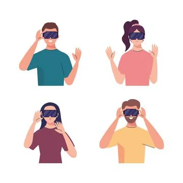 Group of four young people using reality virtual masks technology devices Illustrazione stock